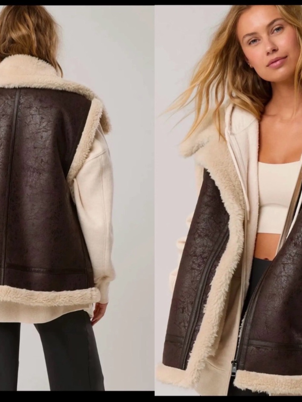 Offline by Aerie Faux Leather Shearling Lined Jacket in Cream & Dark Brown NWT